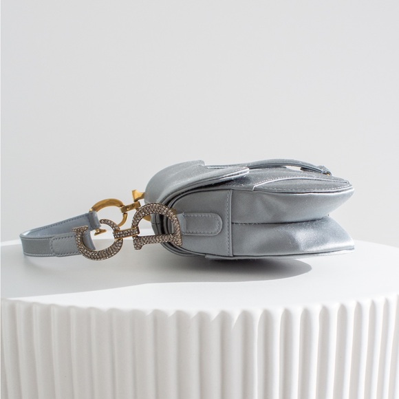 Dior Saddle 2019 Mini Satin Icy Blue Grey Crystal Embellished Bag - Picture 10 of 17